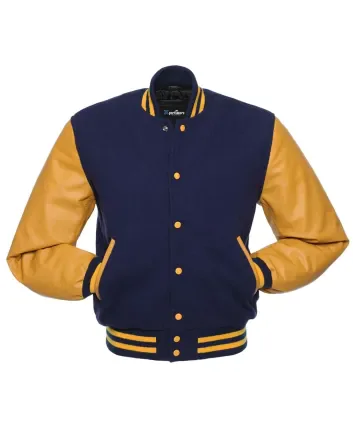 Navy Blue Wool Body American Varsity Jacket with Gold Leather Sleeves