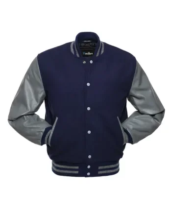 Navy Blue Wool and Grey Cowhide Leather American Varsity Jacket