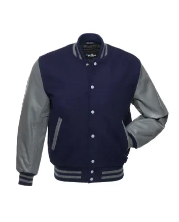 Navy Blue Wool and Grey Cowhide Leather American Varsity Jacket