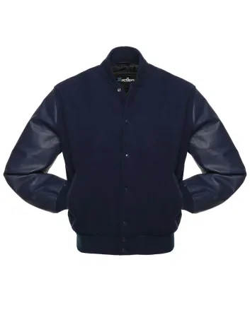 Navy Blue Wool and Navy Blue Cowhide Leather American Varsity Jacket