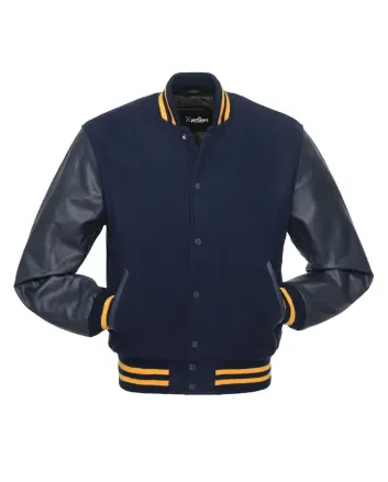 Navy Blue Wool and Navy Blue Cowhide Leather American Varsity Jacket