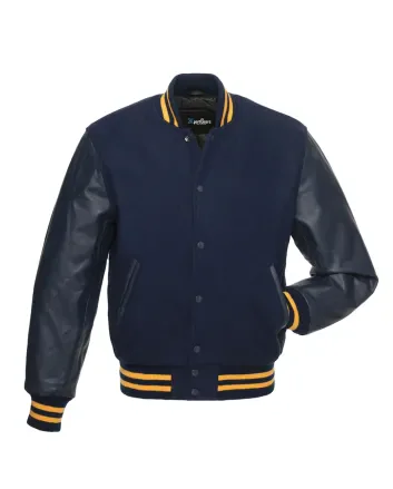 Navy Blue Wool and Navy Blue Cowhide Leather American Varsity Jacket