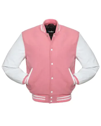 Pink Wool and White Cowhide Leather American Varsity Jacket