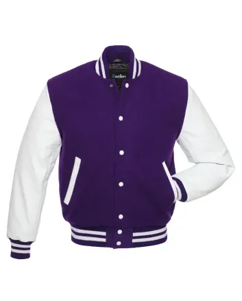 Purple Wool Body American Varsity Jacket with White Leather Sleeves