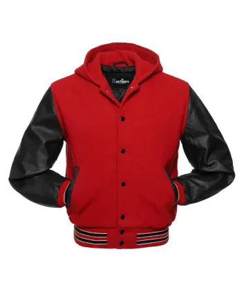 Front view of Red and Black Varsity Jacket featuring a hoodie collar, vibrant red wool body, and sleek black leather sleeves.