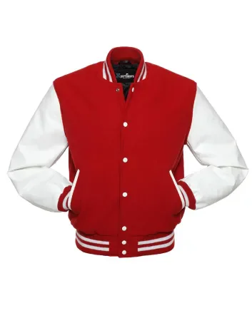 Red Wool American varsity jacket with White Vinyl Sleeves