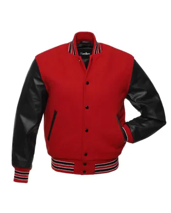 Red Wool Body American Varsity Jacket with Black Leather Sleeves