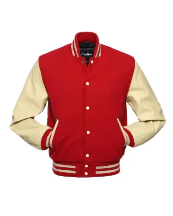 Red Wool and Cream Cowhide Leather American Varsity Jacket