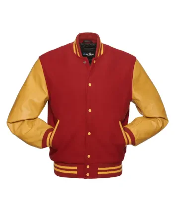 Red Wool and Gold Cowhide Leather American Varsity Jacket - Front View