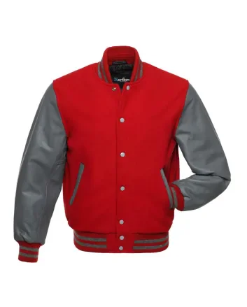 Red Wool and Grey Cowhide Leather American Varsity Jacket 