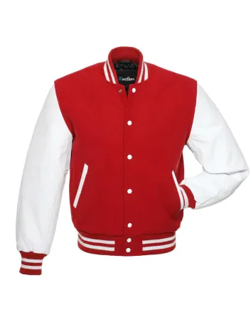 Red Wool and White Cowhide Leather American Varsity Jacket
