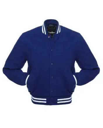 Regal Blue Classic Wool Varsity Jacket: Front view showcasing the deep regal blue wool, highlighted by contrasting stripes on cuffs and hem, featuring an embroidered logo on the chest.