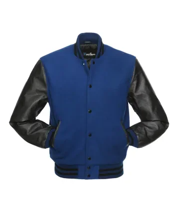 Royal Blue Wool and Black Cowhide Leather American Varsity Jacket 