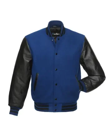 Royal Blue Wool and Black Cowhide Leather American Varsity Jacket 