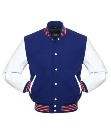 Royal Blue Wool Body American Varsity Jacket with White Leather Sleeves