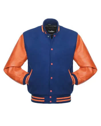 Royal Blue Wool and Orange Cowhide Leather American Varsity Jacket