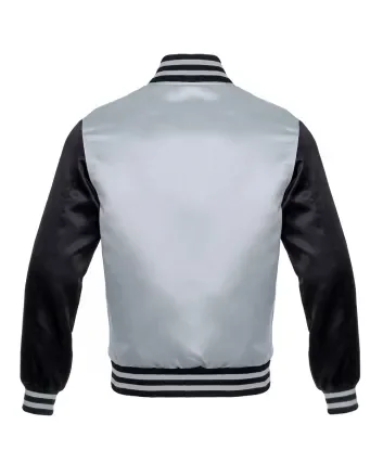 Silver and Black Striped Satin Bomber Jacket: Front view showcasing the sleek silver and black satin fabric with contrasting stripes on cuffs and hem, featuring a stylish bomber design.