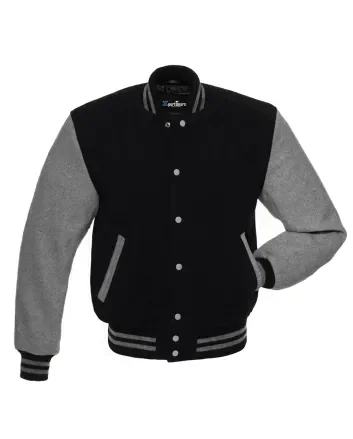 Slate Grey Classic Wool Varsity Jacket: Front view showcasing the sleek slate grey wool, accented by contrasting stripes on cuffs and hem, featuring an embroidered logo on the chest.